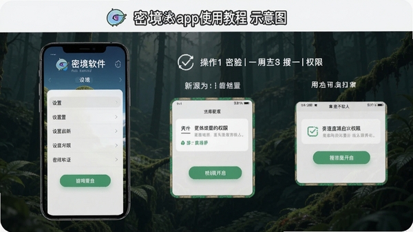 密境app使用教程示意图，手机屏幕展示设置菜单与权限开启步骤，密境软件名称与操作指引结合