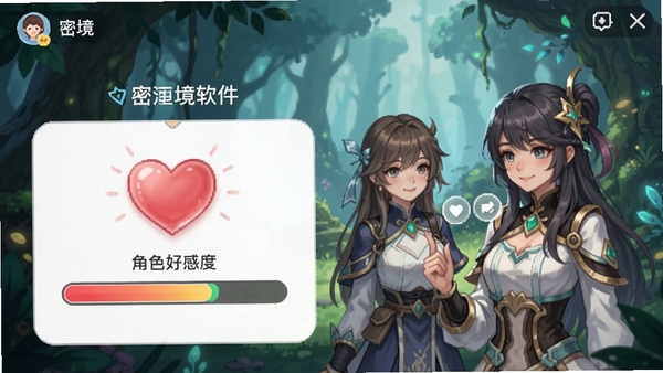 密境app角色好感度界面，爱心与进度条元素，角色互动场景，密境软件名称清晰可见