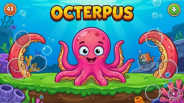 Octerpus游戏主界面截图，展示色彩鲜艳的章鱼角色和触手操作区域，卡通风格，手机竖屏显示