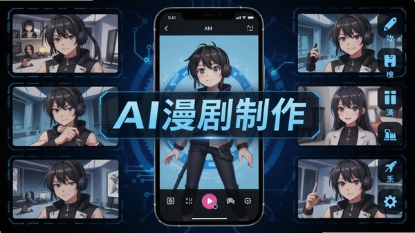 AI漫剧制作软件主界面展示，手机屏幕中呈现动漫角色生成过程，科技感蓝色调，画面中央有AI漫剧制作文字标识，周围环绕动漫分镜缩略图与创作工具图标