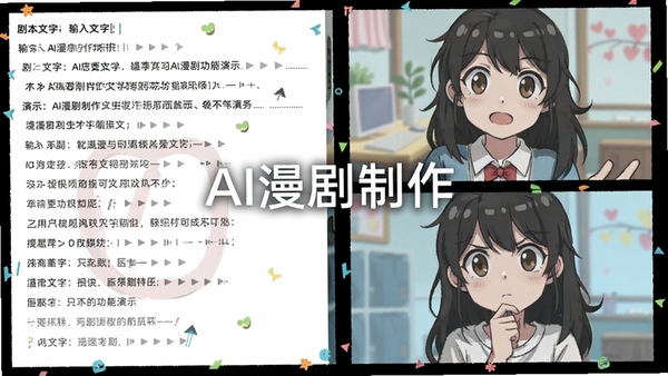 AI漫剧制作文字转漫剧功能演示，左侧输入框显示剧本文字，右侧生成动漫分镜画面，中间有AI漫剧制作软件名称水印，扁平插画风格