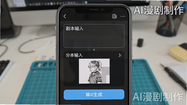 AI漫剧制作移动端操作界面截图，展示剧本输入框与分镜生成按钮，手机边框清晰可见，背景为简洁工作台，画面中有AI漫剧制作文字水印