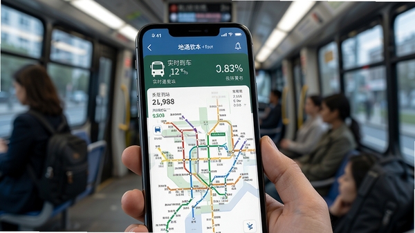 公交乘车地铁通软件界面展示，实时公交到站信息与地铁线路图，现代城市通勤场景，简洁明快的UI设计，手机屏幕特写