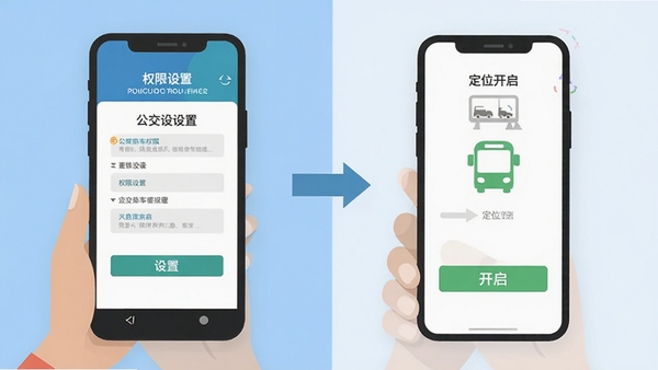 公交乘车地铁通使用教程示意图，手机屏幕展示权限设置界面和定位开启步骤，简洁明了的操作指引，扁平化设计风格