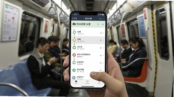 公交乘车地铁通功能展示图，手机屏幕显示收藏线路列表和到站提醒设置界面，背景为地铁车厢内部，乘客使用手机场景