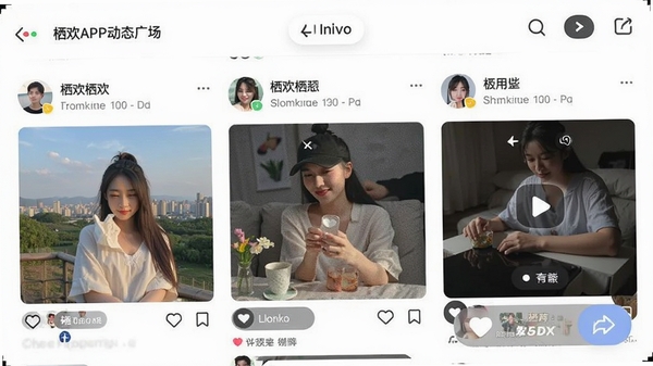 栖欢APP动态广场页面，展示用户发布的图文与短视频内容流，界面清爽，互动按钮醒目