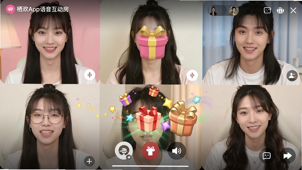 栖欢APP语音互动房界面截图，展示多人连麦场景与趣味礼物特效，年轻用户群体在线互动
