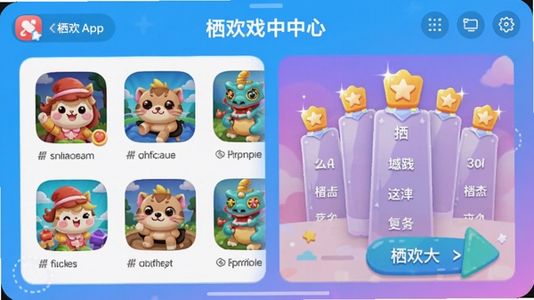 栖欢APP内嵌小游戏中心界面，展示多款休闲游戏图标与排行榜，色彩活泼，操作直观
