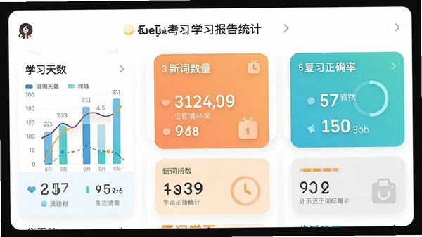 考过单词APP学习报告界面截图,展示每周学习数据统计图表,包含学习天数、新词数量、复习正确率等指标,界面采用卡片式设计,色彩清新,突出数据可视化效果