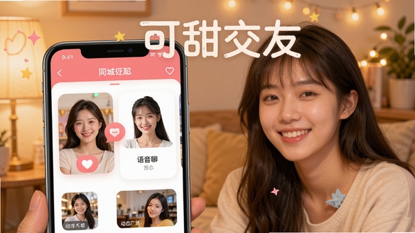可甜交友app官方宣传图，展示手机界面中同城匹配、语音聊天、动态广场等功能模块，背景为温馨的暖色调，突出年轻化社交氛围，画面中带有软件名称可甜交友字样