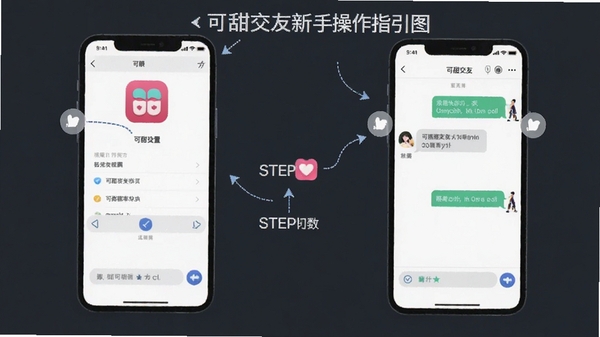 可甜交友新手操作指引图，展示手机权限设置界面与聊天界面切换操作，带有简洁的步骤标注，画面风格扁平化，突出可甜交友图标