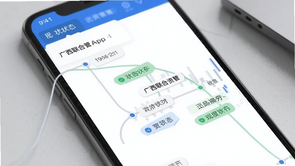 广西联合资管App项目进度时间轴界面，手机展示时间轴节点与状态标签，简洁商务风格