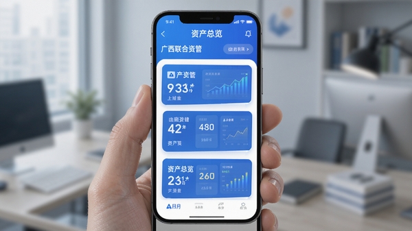 广西联合资管App资产总览界面，手机屏幕展示资产卡片列表，清爽蓝色主题，现代金融风格