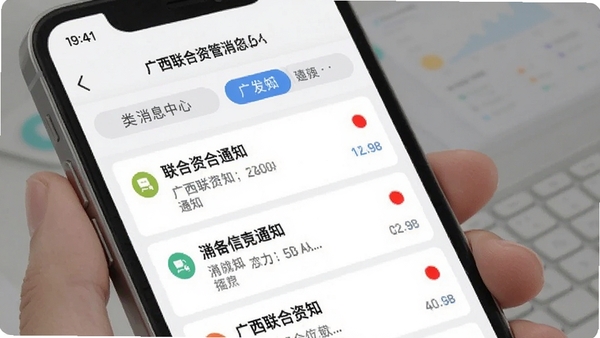 广西联合资管App消息中心界面，手机展示通知列表与分类标签，红点提醒清晰可见