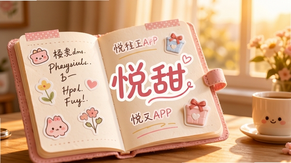 悦甜APP主界面展示，粉色治愈系手账本翻开效果，页面上有可爱的贴纸和手写字体，背景是温暖的午后阳光，软件名称“悦甜”以艺术字形式出现在画面中央