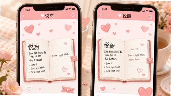 悦甜APP情侣共享手账界面，两部手机屏幕显示同一本手账内容，画面温馨浪漫，有爱心和花朵元素，软件名称“悦甜”在顶部导航栏清晰可见