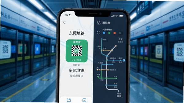 东莞地铁App移动端使用技巧示意图，手机屏幕显示乘车码与线路图分屏操作，背景为地铁站台，蓝色科技光效，清晰展示功能入口位置