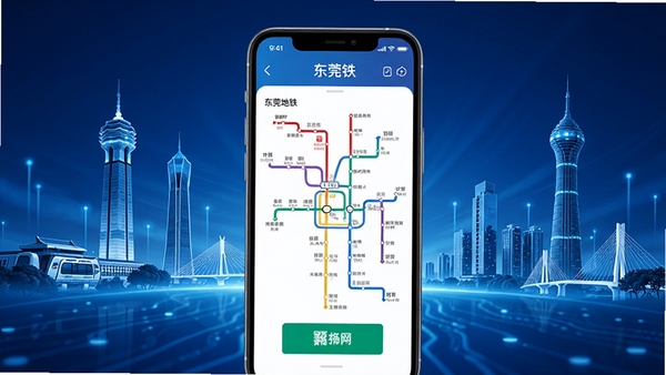 东莞地铁App官方界面展示，手机屏幕显示东莞地铁线路图与乘车码功能，背景为东莞城市地标，科技感蓝色调，高清UI设计风格