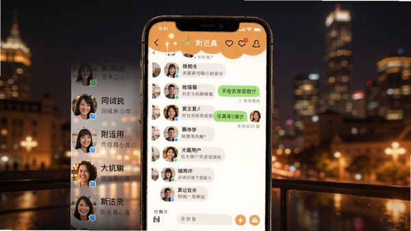 同城真心聊软件界面展示，手机屏幕中呈现附近用户列表与聊天对话框，背景为城市夜景，风格温暖明亮，突出社交氛围