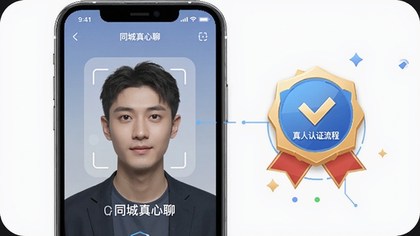 同城真心聊真人认证流程示意图，手机屏幕显示人脸识别与认证徽章，界面简洁科技感，带软件名称同城真心聊