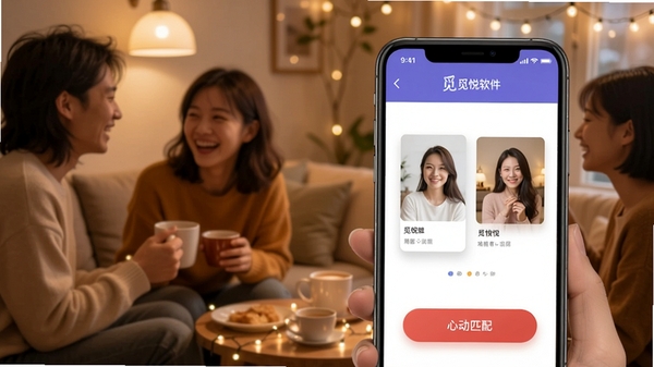 觅悦软件界面展示，手机屏幕中显示用户卡片与心动匹配按钮，背景为温馨的社交场景，突出觅悦品牌标识