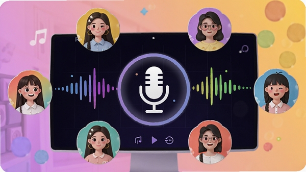 觅悦语音派对房场景，多位用户头像环绕麦克风图标，屏幕显示声波跳动特效，色彩活泼，体现觅悦的语音社交功能