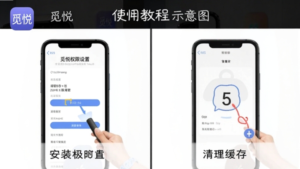 觅悦使用教程示意图，展示手机安装权限设置界面与清理缓存步骤，画面简洁清晰，带有觅悦图标