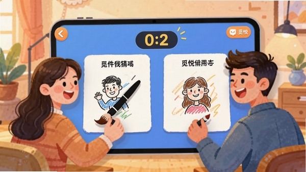 觅悦互动小游戏界面，两人合作完成你画我猜题目，屏幕上有画笔和倒计时，氛围欢乐，展示觅悦的破冰玩法