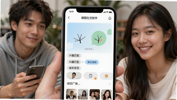 缘陌社交软件界面展示，兴趣标签匹配，动态广场，清新交友氛围
