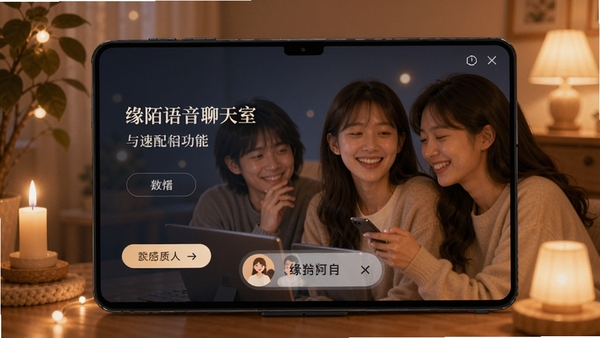 缘陌语音聊天室与速配功能界面，温馨社交场景